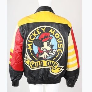 Vntg WILD ONE MICKEY MOUSE Leather Bomber Jacket L